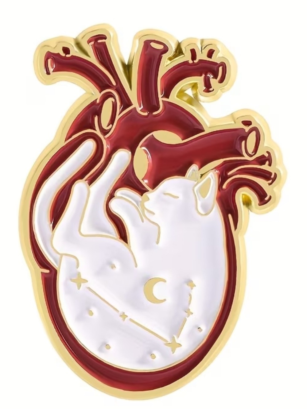 Anatomical Heart Cat Enamel Pin - White & Burgundy